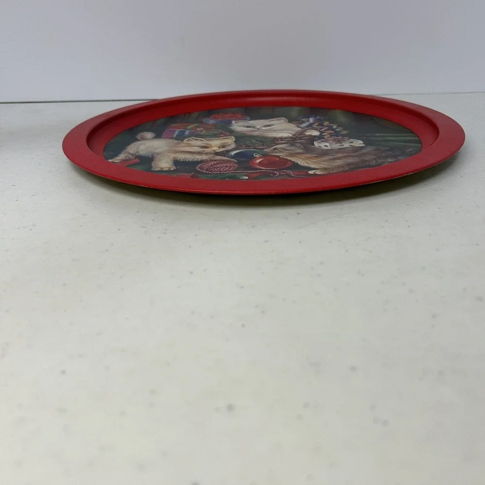 Vintage Style Round Metal Cat‎ Christmas Tray Graphic Print